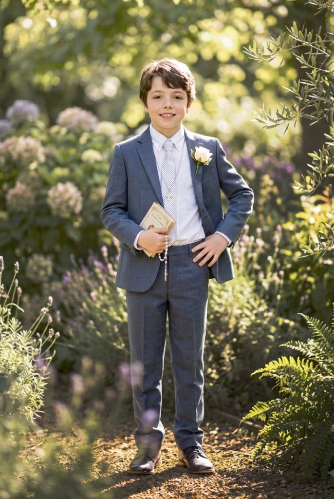 Un niño con traje azul y flor en la solapa sonríe sosteniendo un libro y un rosario en un jardín soleado.