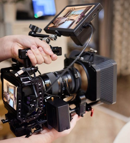 Professional cage for videographer with modern camera for video recording