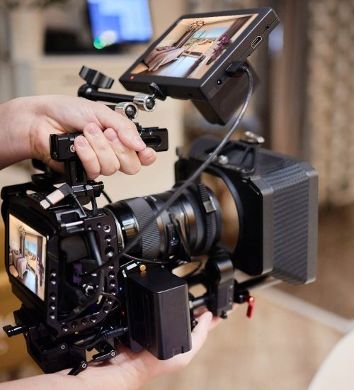 Professional cage for videographer with modern camera for video recording